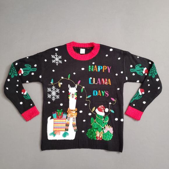 Holiday Time Sweaters - Holiday Time Women's Ugly Christmas Sweater Sizes XS/0 Happy LLama Days Crewneck